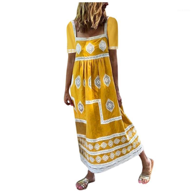 

SAGACE Boho Dress Women Summer Dress Women Casual Print U-neck Short Sleeve Big Swing Maxi female Loose vestidos de verano1