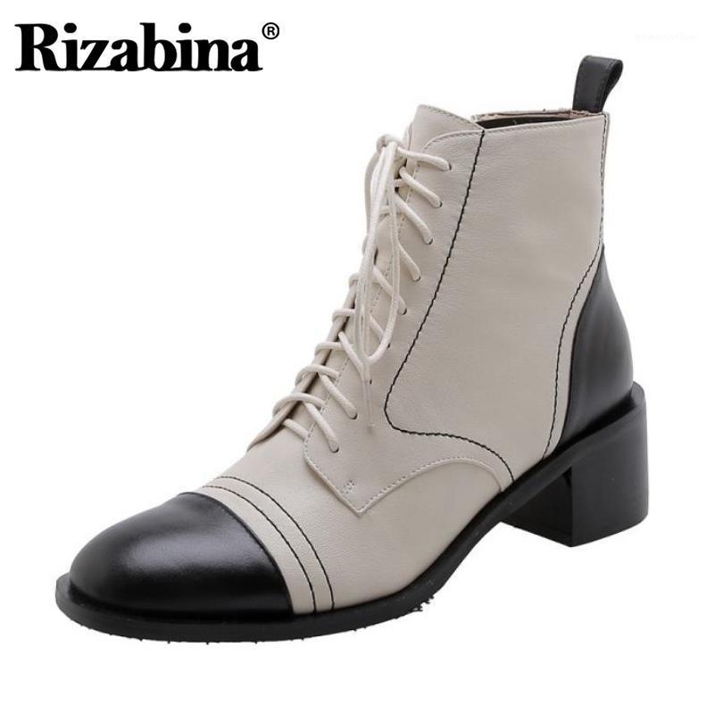 

Rizabina Women Ankle Boots Cross Strap Genuine Leather Winter Shoes Woman High Heel Short Boot Office Lady Footwear Size 34-401, Beige