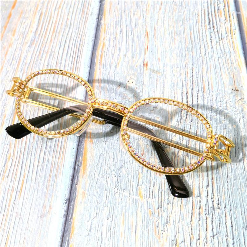 

Vintage Round Sunglasses Women Luxury Designer alloy Frame Crystal Oval Men Female Eyewear UV400 Clear Diamond Lens FML1
