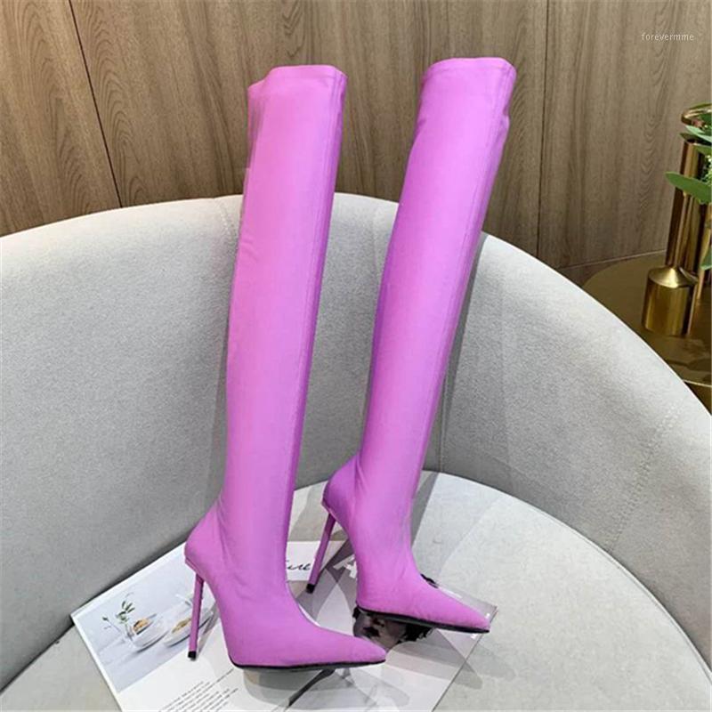 

Women Pointed toe thin suede sexy stiletto high heel solid candy color over-the-knee boots Genuine Leather shoes keep warm1, Lavender