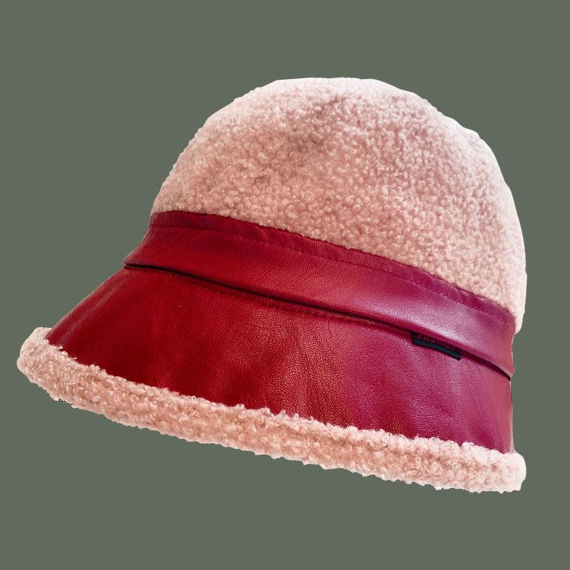 

Moment Lady Winter Warm Plush Basin Cap PU Leather + Lamb Feather Spliced Fisherman Cap, Black