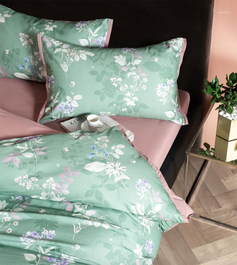 

Vintage green pink flower bedding set girl, queen king 60s cotton cute double home textile bed sheet pillow case quilt cover1, Picture color