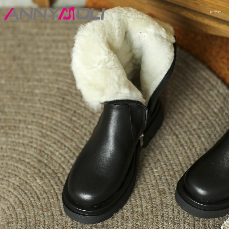 

ANNYMOLI Genuine Leather Real Wool Fur Snow Boots Women Platform High Heel Shoes Zip Thick Heels Warm Mid Calf Boots Winter 411, Black