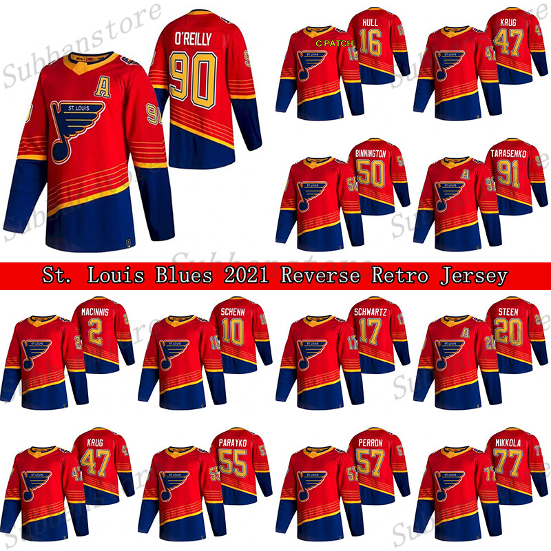 

St. Louis Blues 2021 Reverse Retro Jersey 90 Ryan O'Reilly 91 Vladimir Tarasenko 47 Torey Krug 50 Binnington Hockey Jerseys, Red