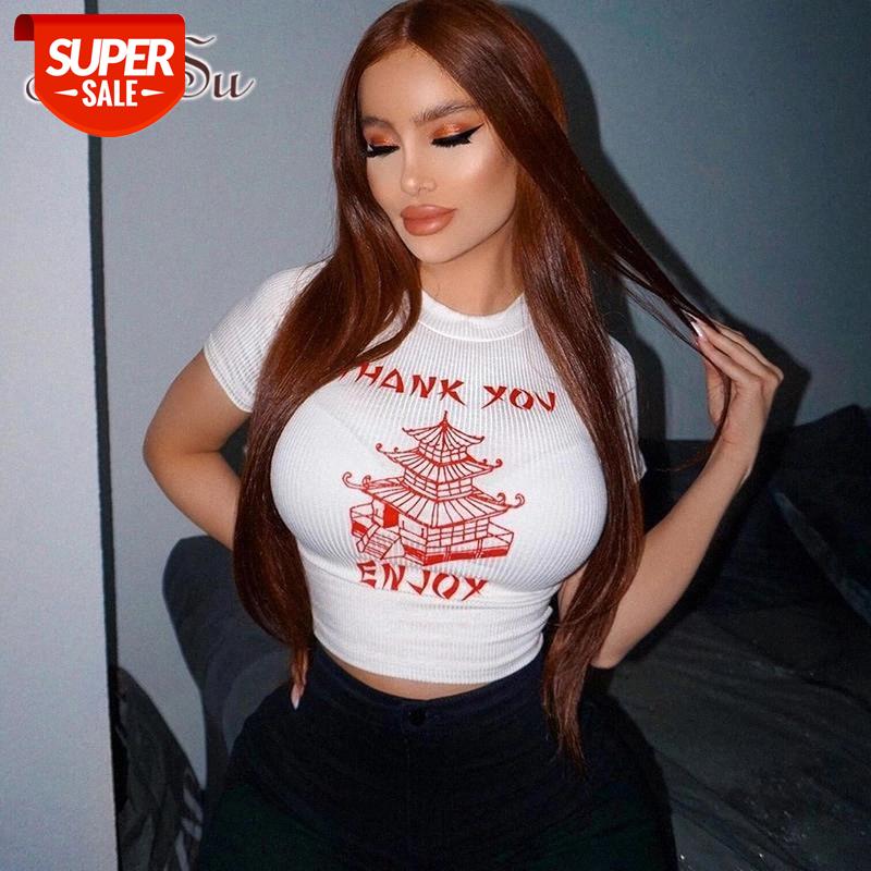 

ArtSu Fashion Knitted Chinese Style Print White Crop Top 2020 Summer Women Short Sleeve Slim T shirt Female Streetwear ASTS21486 #Kj6k