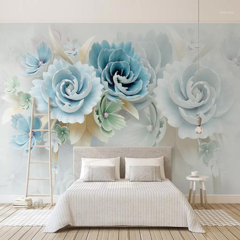

Custom Self-Adhesive Waterproof Canvas Mural Wallpaper 3D Blue Flowers Modern Home Decor Photo Wall Murals Removable 3D Stickers1, As pic