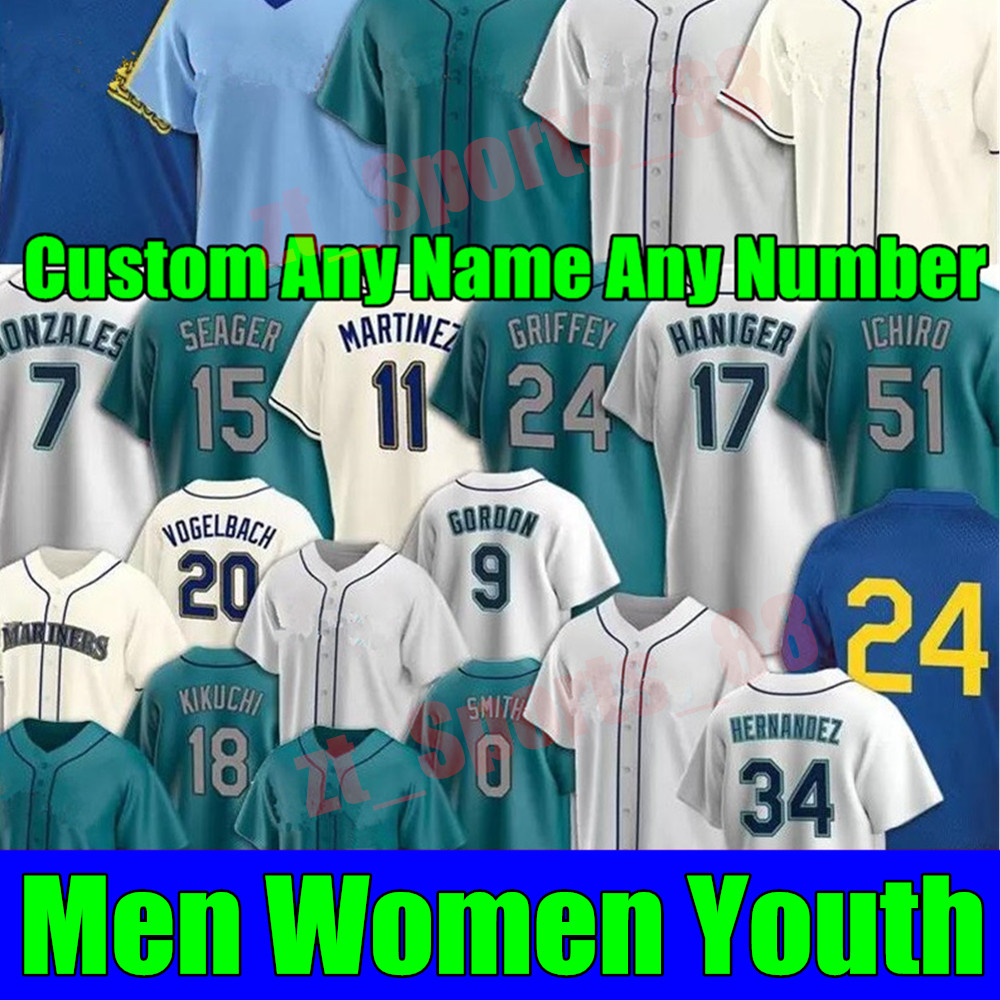 

Men Women Youth 24 Ken Griffey Jr. Mariners jersey Suzuki Ichiro Felix Hernandez Seattle Edgar Martinez Mitch Haniger Kyle Seager Marco Gonzales Baseball Jerseys, As shown in illustration