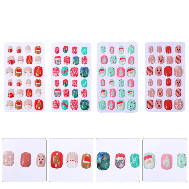 

4 Boxes/96pcs Christmas False Nails Delicate Lovely Nail Decals Christmas Fake Nails Nail Tips for Girls, As shown