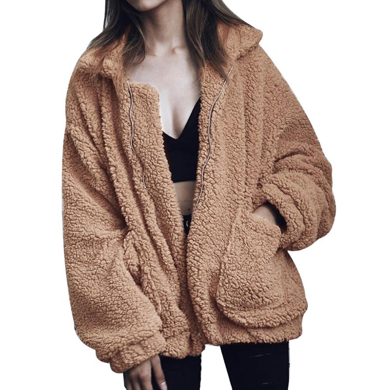 

Elegant Faux Fur Coat Women 2021 Autumn Winter Warm Soft Zipper Fur Jacket Female Plush Overcoat Pocket Casual Teddy Outwear, Beige