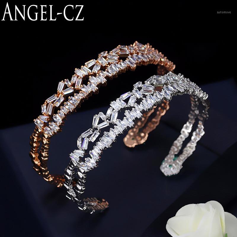

ANGELCZ Multilayered Open Design Luxury Cubic Zirconia Fashion Rose Gold Color Baguette Bracelet For Women AB0761
