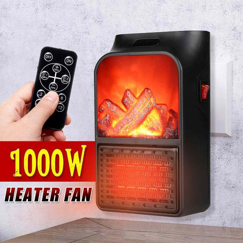 

1000W Electric Heater Mini Fan Desktop Household Fireplace Flame Timer Thermostat Remote control PTC Heater Fan warmer Machine1