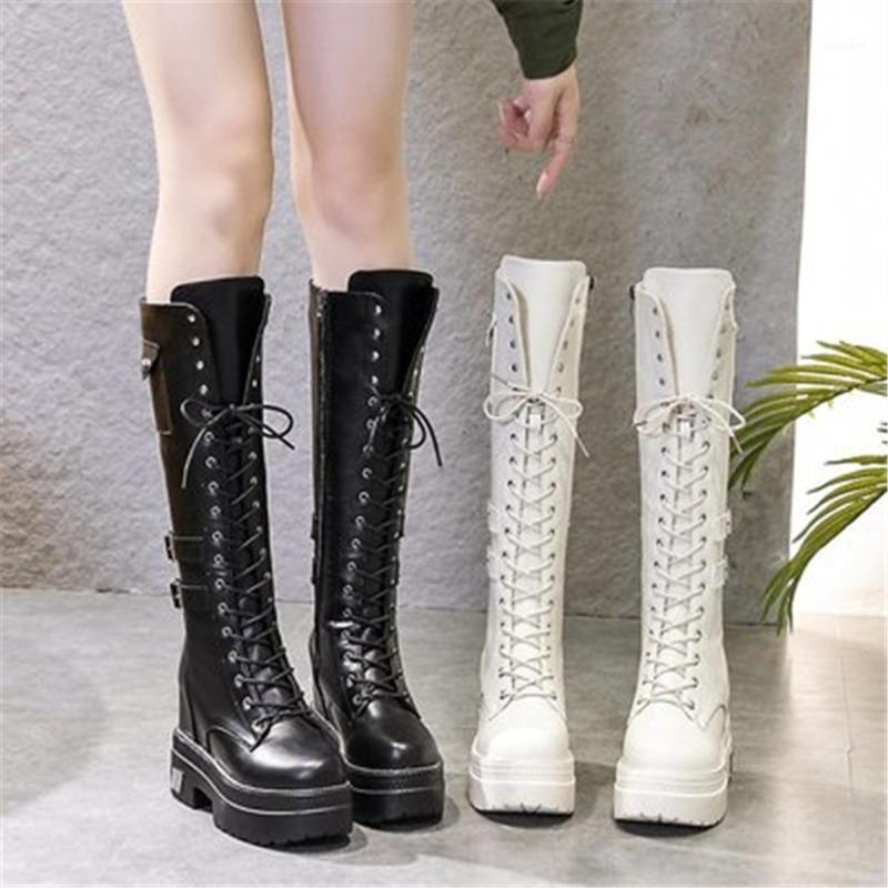 

Women Knee High Boots Wedges High Heel 10CM Platform Lace up Long Boots Woman Inside Chunky Shoes Fashion Motorcycle Black1, Beige