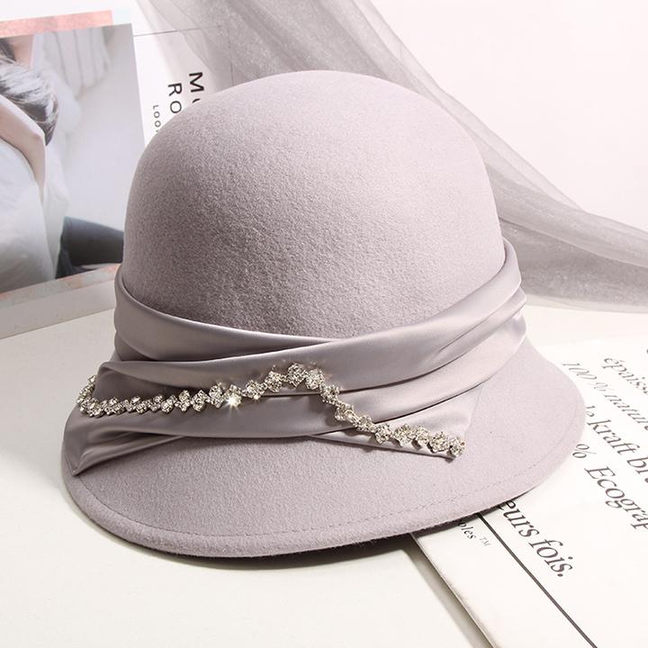 

Vintage 100% Wool Asymmetric Hat With Diamond Women Winter Party Formal Fedoras Ladies Felt Cloche Cap, Beige