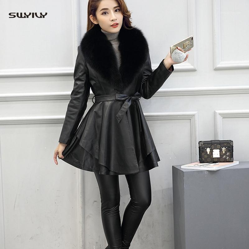 

Women's Leather & Faux SWYIVY Jacket Coat Women PU Imitation Fur Collar Mid Long Winter 2021 Female1, Black
