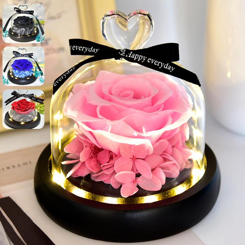 

Romantic Gift Preserved Rose Red Rose In A Glass Dome With LED Light Wooden Base For Valentine's Christmas Day Gift, Black