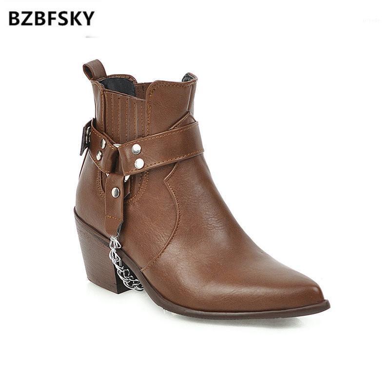 

BZBFSKY winter hot sale fashion buckle solid shoes woman boots thick high heels poinetd toe ankle boots large Large size 34-481, Black