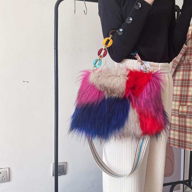 

2021 INS Fashion Women Colorful Faux Fur Shoulder Bags Female Thick Acrylic Chain Underarm Bags Furry Fluffy Crossbody bolsas, Black