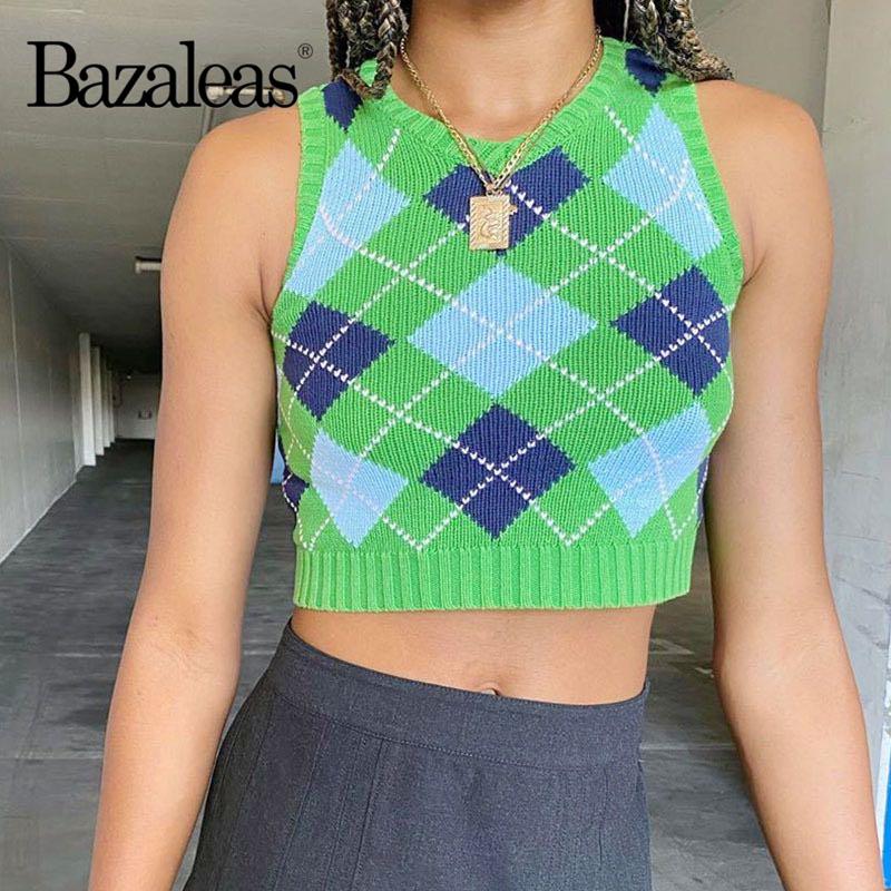 

Bazaleas Autumn V Neck Plaid Women Tank Sweater Fashion Tartan Green Black Pull Femme Vest Vintage Patchwork Knitted Camis, 2635 green nm92