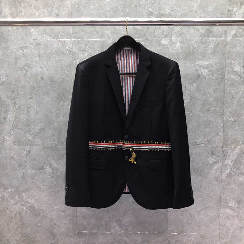 

Tb Thom Male Suit Autunm Winter Fashion Brand Man Jacket Calssic Solid Blazer Rwb Belt with Pin Casual Formal Wholesale, Black