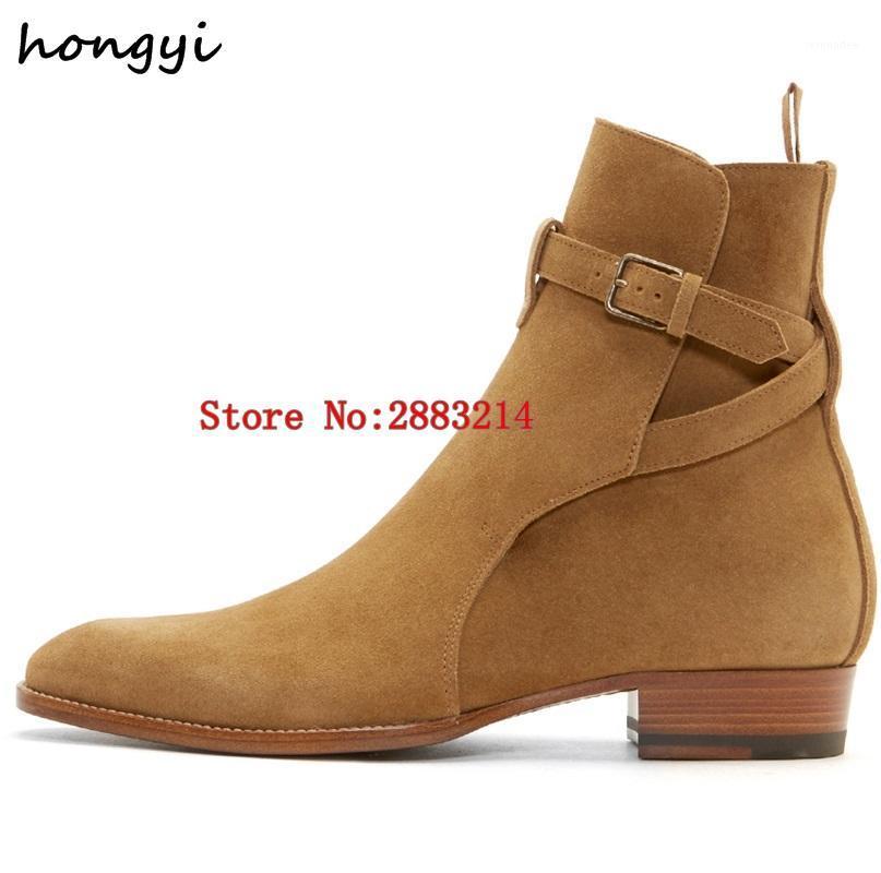 

man boots leather buckle ankle boots fashion trend low heel party dress shoes suede leather male booties shoes1, Picture 2