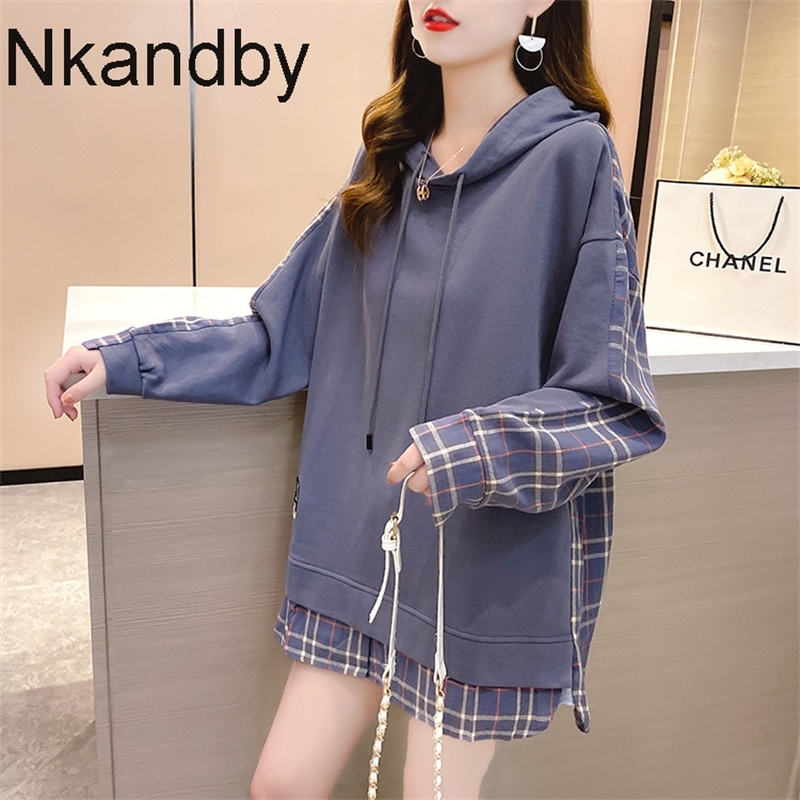 

Large Size Plaid Patchwork Hooded Sweatshirts Women Autumn Trendy Loose Jip Hop Korean Hoody Sweatshirt Oversize Streetwear 201202, Dark gray