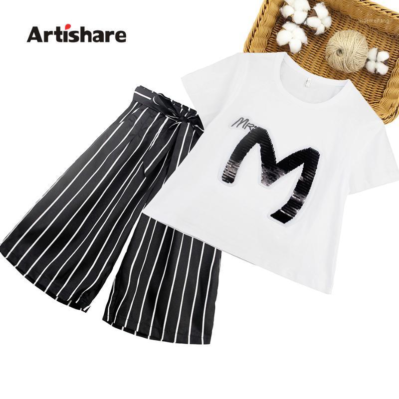 

Girls Summer Clothes Sequined T-shirt Pants 2 Pcs Kids Clothes Striped Wide Leg Pants Set For Girls 2020 Summer1, As picture