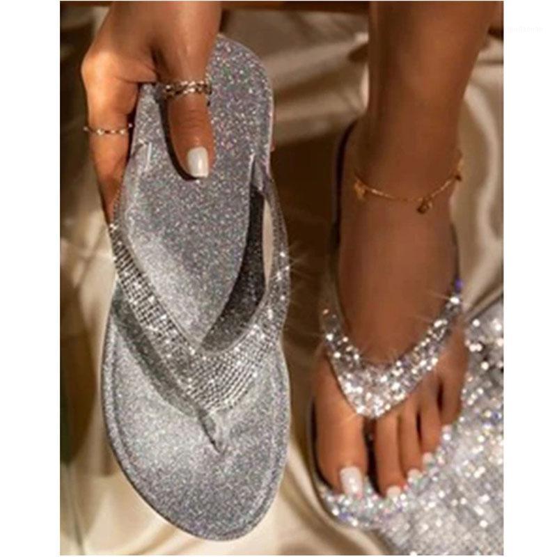 

Women's Rhinestone Glitter Flat Slippers Slip on Sandals Beach Summer Flip Flops K21, Black