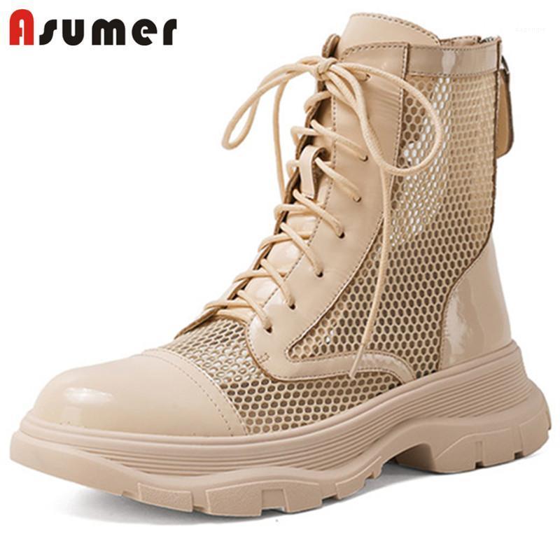 

Asumer 2021 Thick Bottom Summer Boots Women Patent Leather +Mesh Casual Flat Shoes Comfortable Popular Ankle Boots For Women1, Black