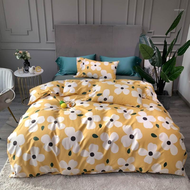 

Yellow White Flowers INS American High Count Egyptian Cotton Bedding Set Queen King Size Bedlinens Flat sheet Duvet Cover Set1, 20195670