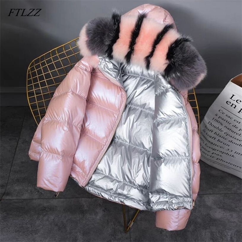 FTLZZ Winter Jacket White Duck Down Parkas Women Gold Silver Double Side Coat Big Aritificial Fur Hooded Female Down Oversize 201210
