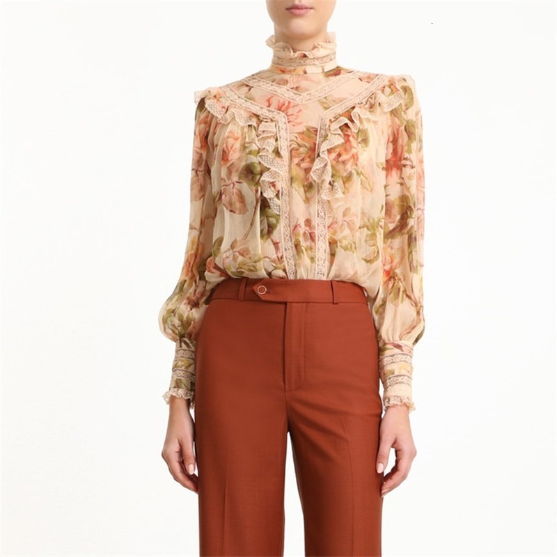 

Runway Blouse Printed Female Floral Chiffon Frilly Shredded Collection Chic Girly Shirts Elegant Holiday Party Tops Sweaters Ab19, Red wine