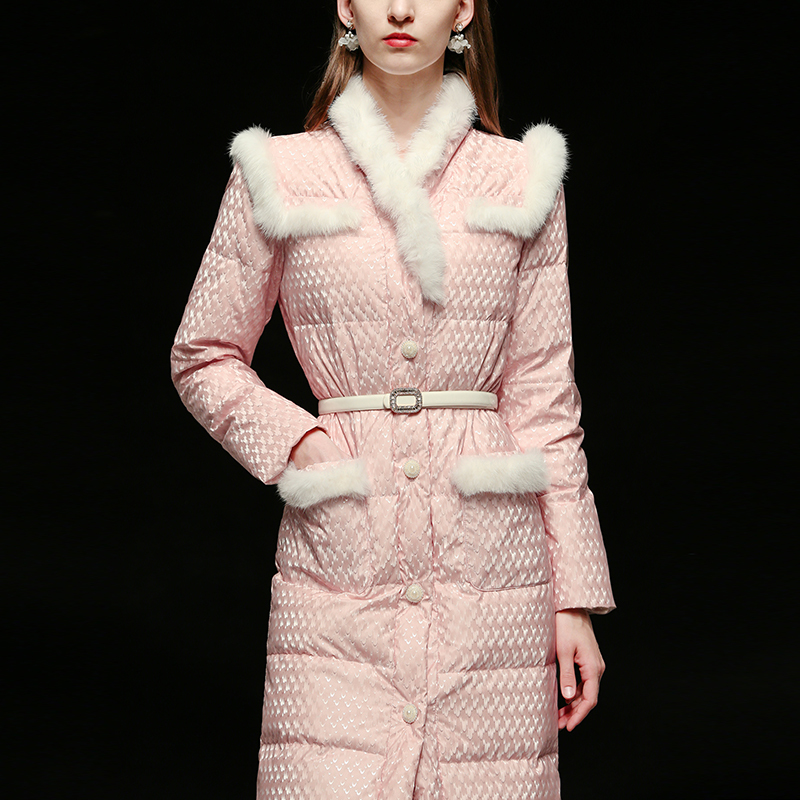 

Real winter rabbit skin sticthing long fluffy female coat was thin hot thick down parkas jacket with f2511 belt, Pink
