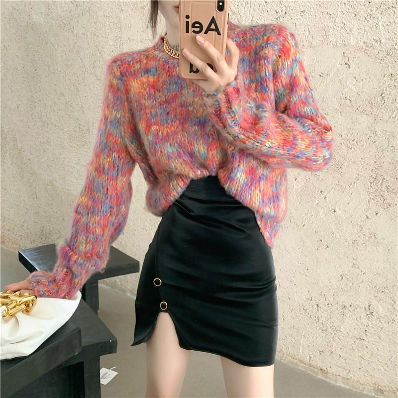 

Knitted Two Piece Set Women Rainbow Pullover Sweater+ Elegant Chic Black Skirt Office Lady Korean 2021 Autumn Women' Clothing1, Long skirt