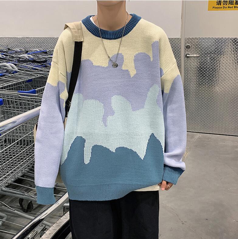

Autumn Winter Sweater Men' Warm Fashion Contrast Color Retro Casual Knitted Pullover Knitting Sweater, Green