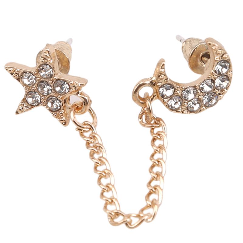 

Vintage Two Piercing One Side Golden Chain Crystal Rhinestone Moon Star Ear Cuff For Double Hole Earring Jewelry