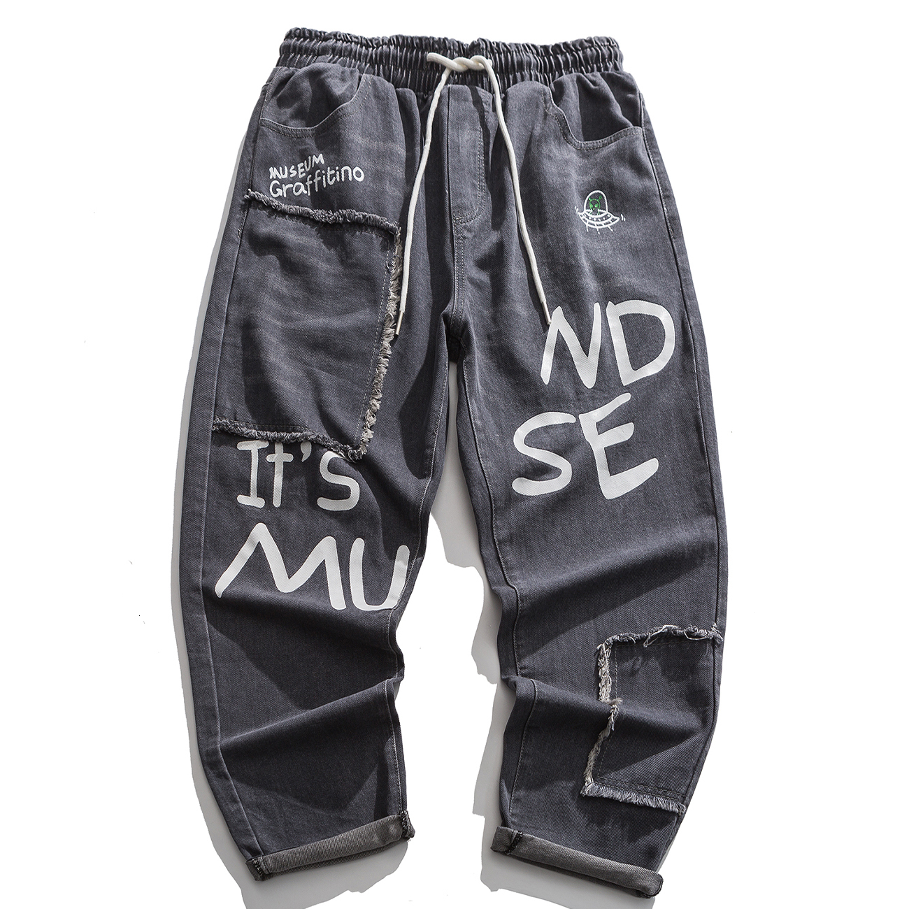 

2021 New Patchwork Letter Graffiti Casual Mens Oversized Streetwear Harem Pants Harajuku Elastic Hip Hop Joggers Men Trousers Ppes, Black