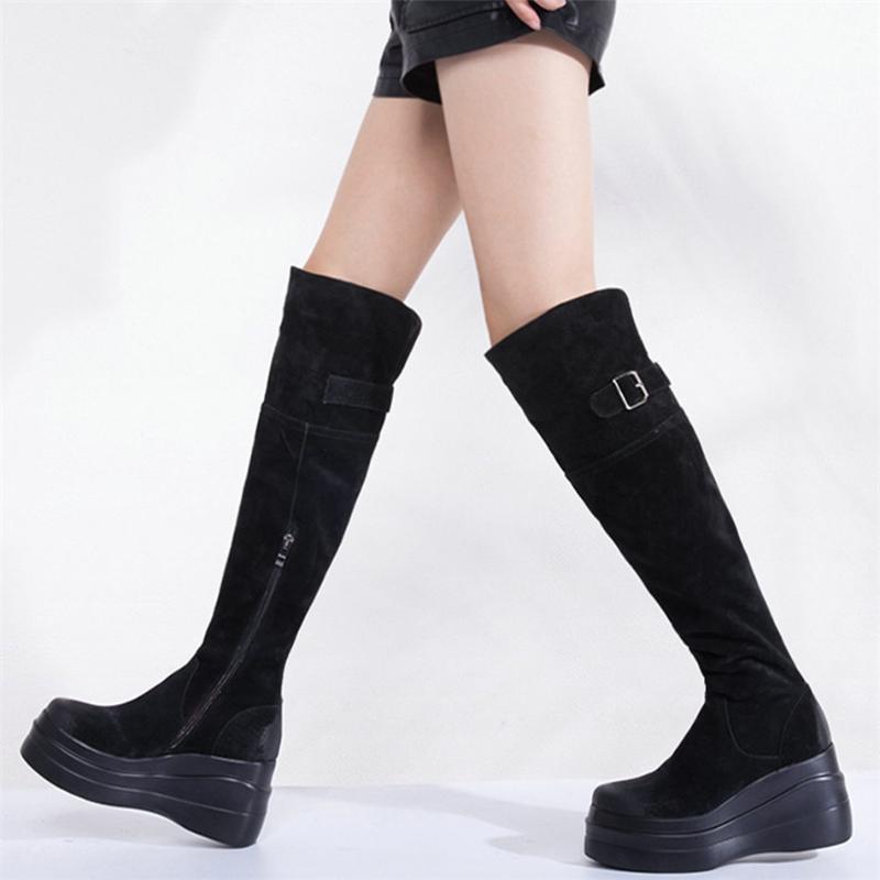 

Winter Thigh High Sneakers Women Genuine Leather Wedges High Heel Knee Motorcycle Boots Female Chunky Platform Pumps Shoes, Black