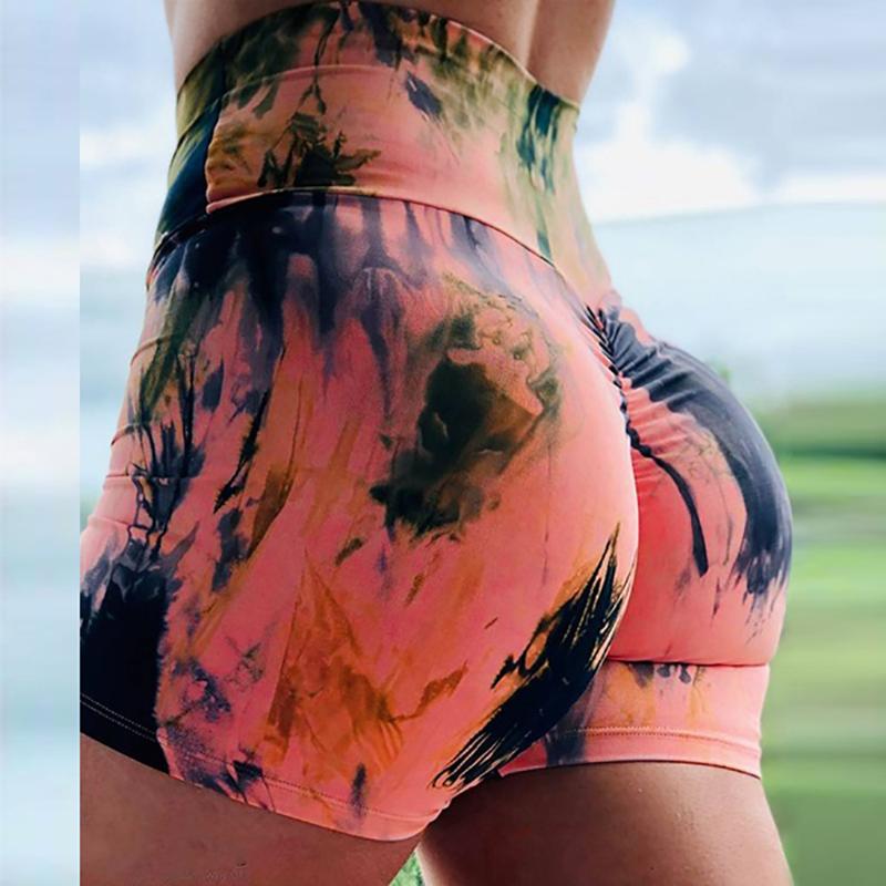 

2020 New Tie-dye Women High Waist Sports Print Pleated Shorts Sports Tight Fitness Yoga Shorts, Pink