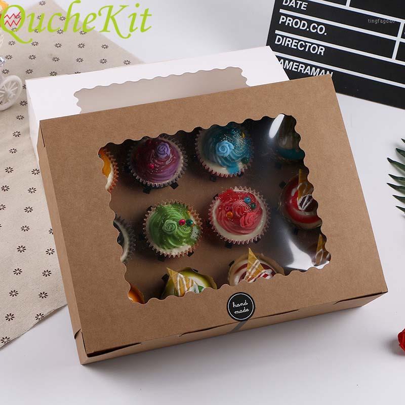 

5pcs 12 Cup Muffin Cupcake Box With Cake Tray Kraft Paper Cake Box Wedding Birthday Party Dessert Packaging Case Party Candy1