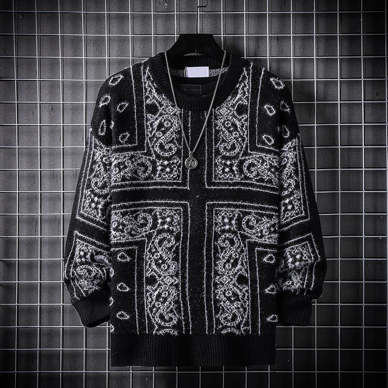 

o-neck Men's knitting sweater printing Bandana Paisley Pattern Men sweater Casual loose Autumn and winter men knitted pullover, Black