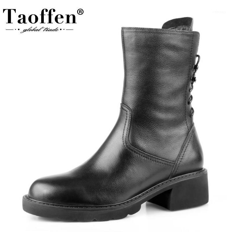 

Taoffen Real Leather Women Mid Calf Boots Round Toe Cross Strap Zipper Shoea New Design Boots Women Party Footwear Size 34-391, Black with fur