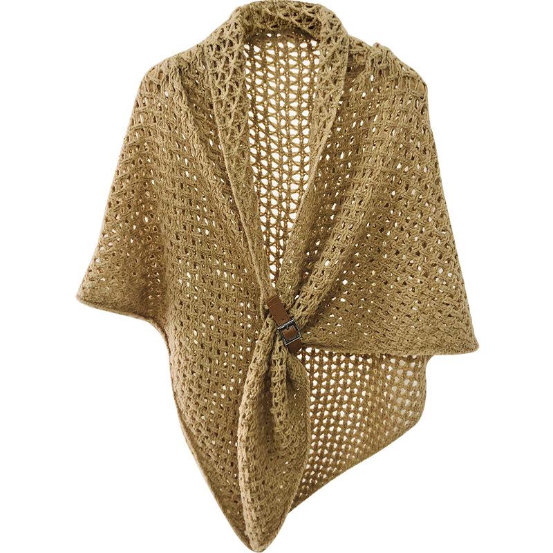 

Scarves Wraps Korean style hollow leather buckle big triangle shawl cloak solid color warm decorative scarf triangle scarf women