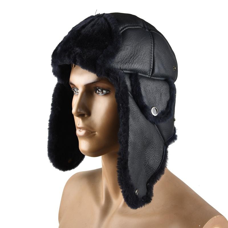 

Natural Leather bmber hat fur a couple outdoor cycling cap warm ear winter cold ski riding cap, Black