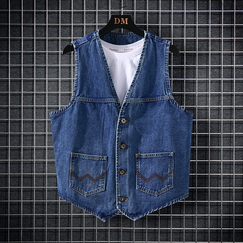 

2021 New Newly Vintage Designer Fashion Dark Blue Casual Denim Vest Men Waistcoat Gentlemen Suit Sleeveless Leisure Smart Jacket Kexm