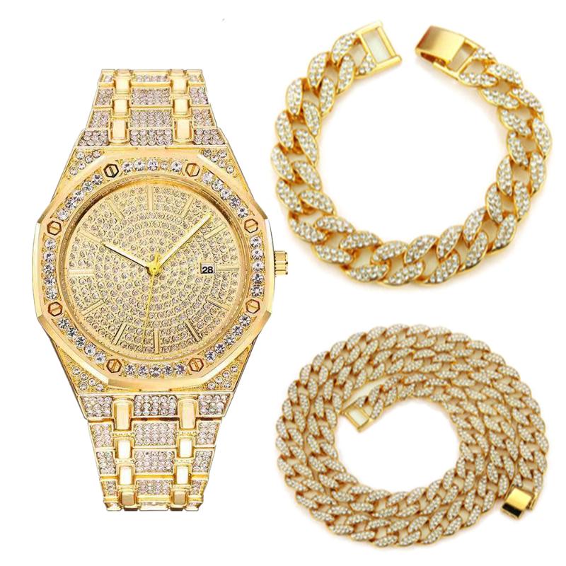 

Wristwatches Choker Necklace Bracelet Watch Hip Hop Miami Cuban Chain Gold For Men Iced Out Watches Paved Rapper Mens Bangle Gift, Slivery;brown