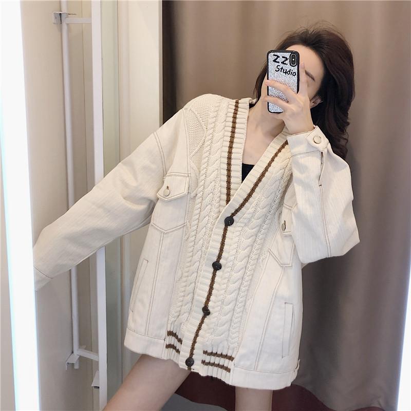

Blue denim stitched sweater coat 2020 new women' autumn and winter thickened versatile Korean casual mid length top, Picture color