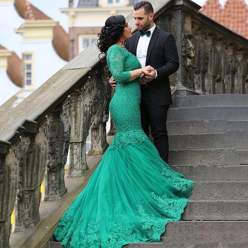 

Arabic Hunter Long Sleeves Lace Mermaid Evening Dresses 2021 with Beaded Appliques V Neck Sweep Train Formal Prom Party Gowns, Hunter green