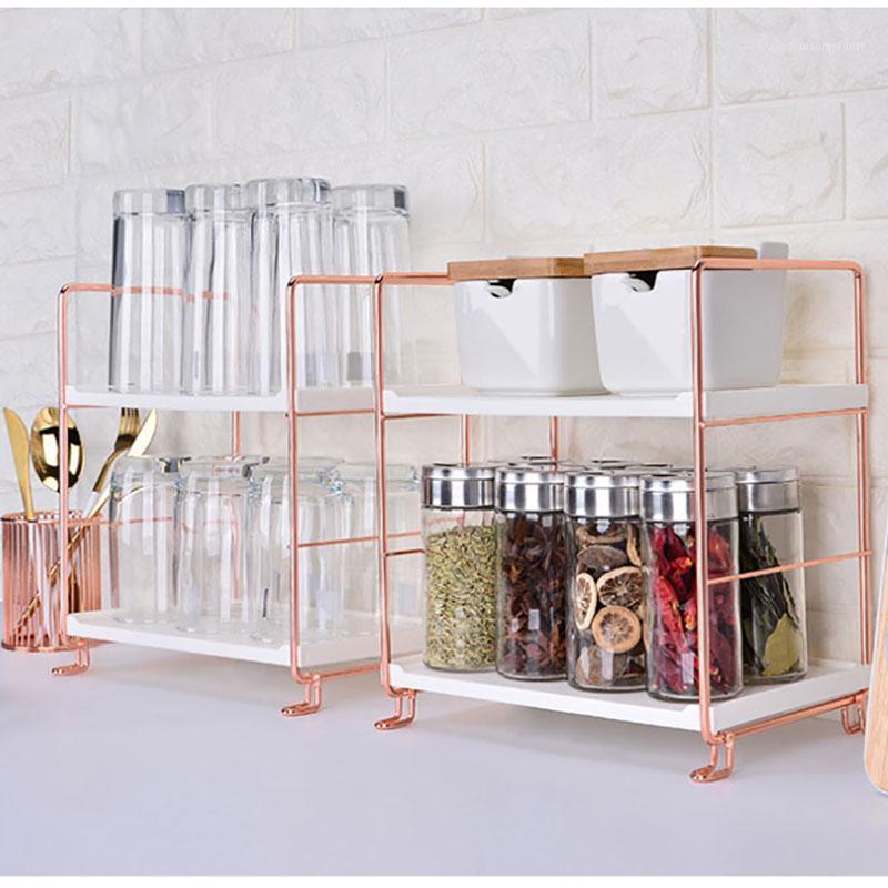

Stackable Kitchen Shelf Nordic Rose Gold Desktop Iron Shelf 2/3 Tiers Multifunctional Bathroom Kitchen Seasoning Storage Rack1