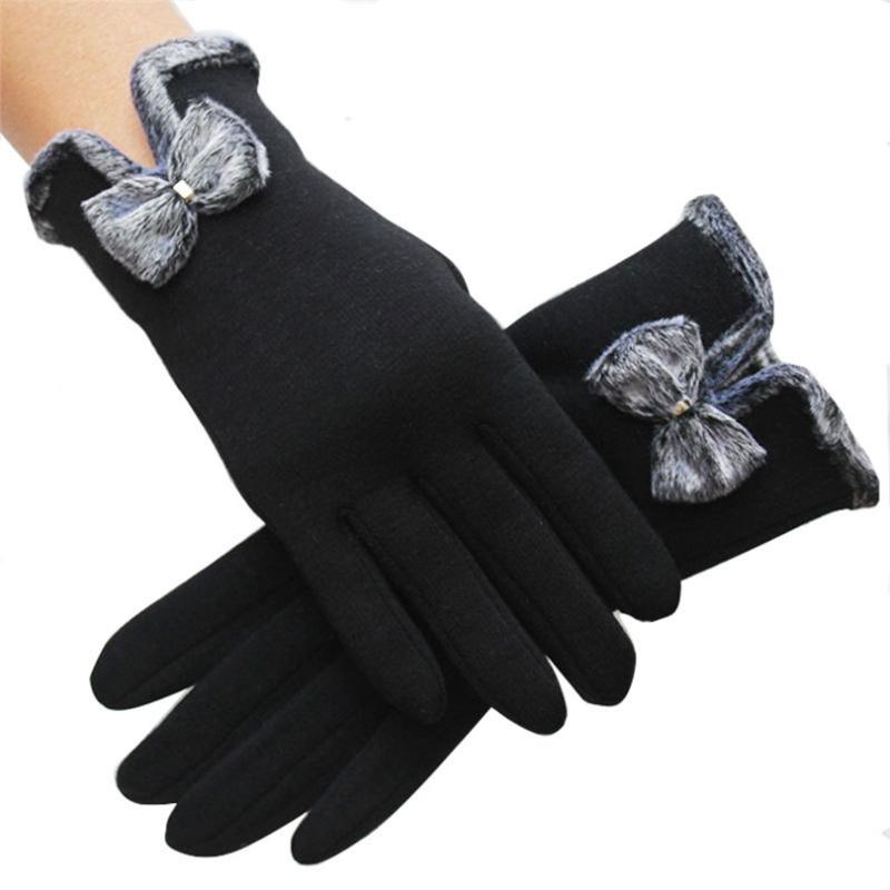 

YRRETY Women Gloves Wool Winter Driving Full Finger Windproof Guantes Autumn Warm Knit Lace Mittens Female Cashmere Bow Splicing