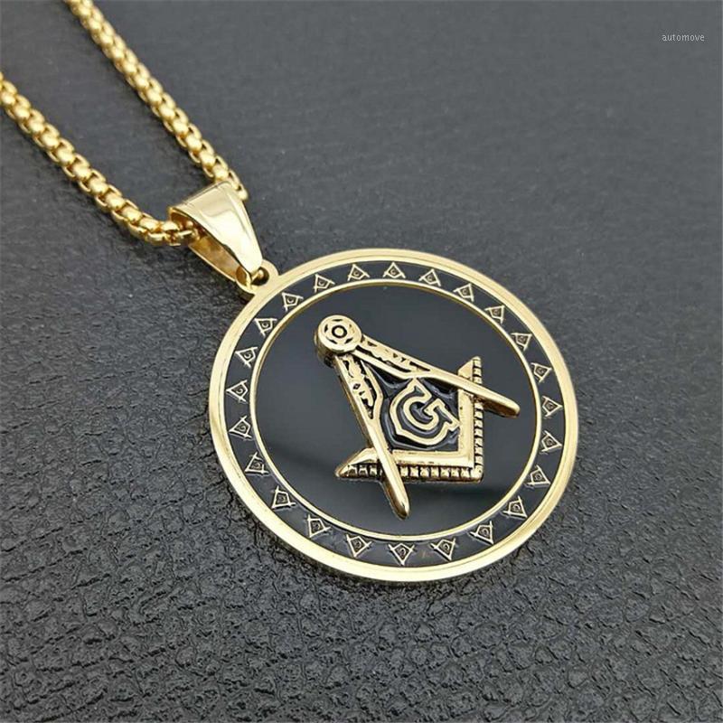 

Punk Free-mason Black Gold Color Titanium Stainless Steel Round Masonic Symbol Pendants Necklace for Men Jewelry1